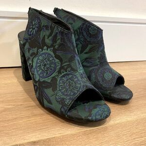 BLACK SUEDE STUDIO brocade blue green floral chunky heels shoes